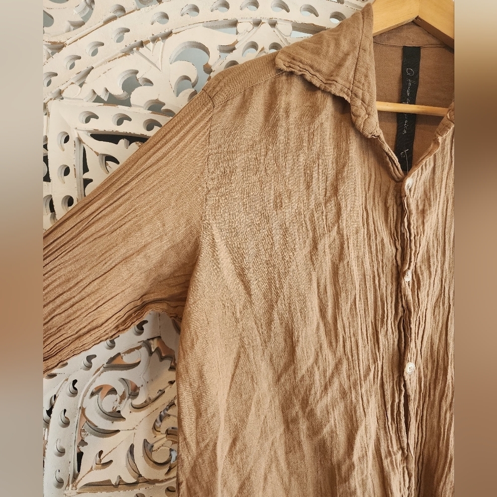 Q HOUSEBOF BASICS BROWN GAZE BLOUSE ORGANIC FRONT BUTTON UNISEX SMALL - Picture 8 of 13